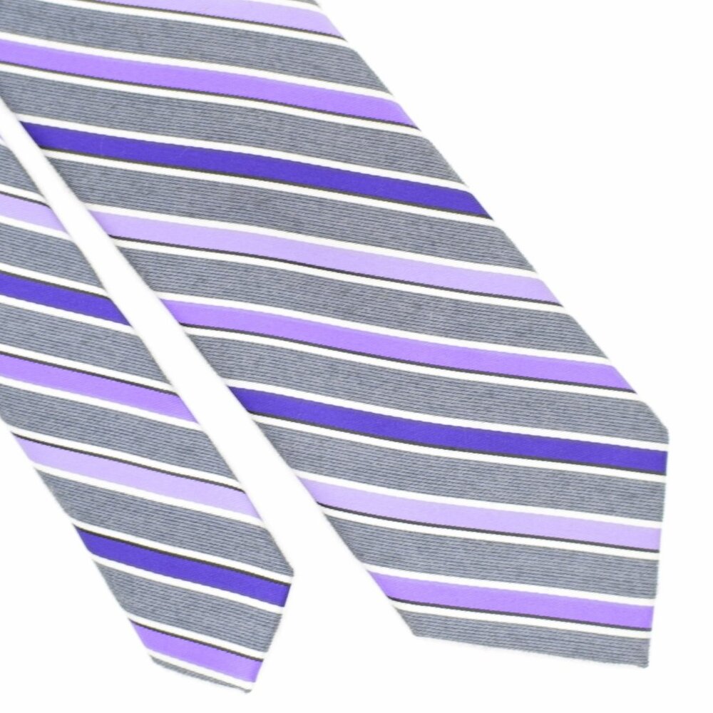 Van Huesen Studio Slim Gray Purple‎ Striped Woven Skinny Polyester Tie